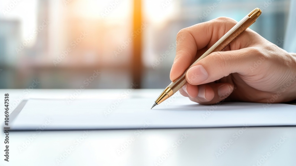 Hand Holding Pen on Blank Paper in Soft Lighting