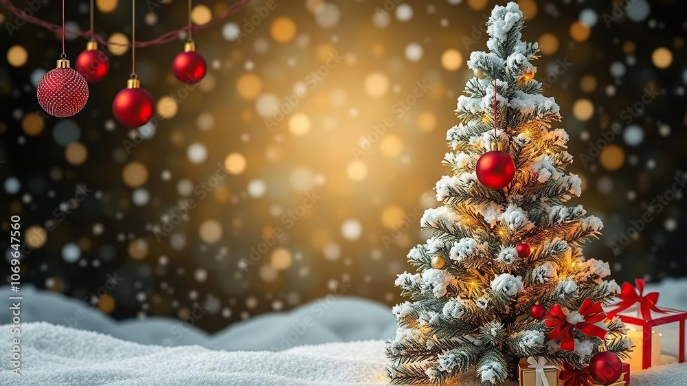 A festive Christmas background with twinkling lights, ornaments, and a snowy tree, season, season A festive Christmas background with twinkling lights, ornaments, and a snowy tree, season, season