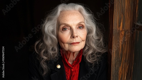 Thoughtful Elderly Woman Gazing Out Window Senior Portrait Gray Hair Red Shirt Black