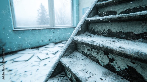 Abandoned House Staircase Covered in Snow   Winter Interior