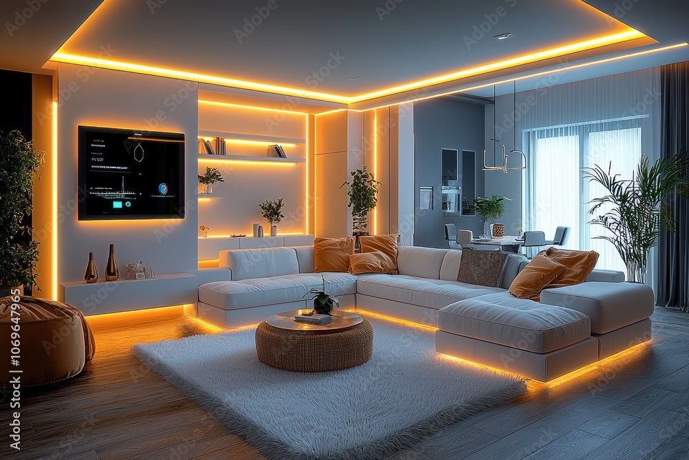 Modern living room with white sectional sofa, warm lighting and a white rug. Modern living room with white sectional sofa, warm lighting and a white rug.