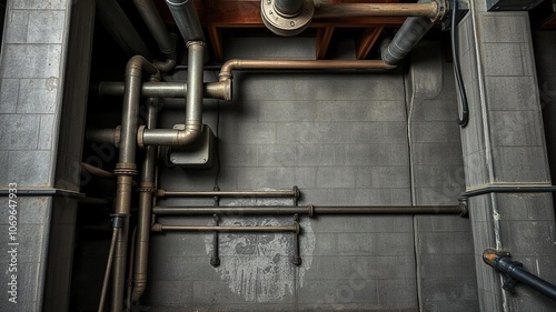 A gritty industrial background with exposed pipes, metal beams, and cement walls, creating a rugged and urban environment, background, rugged