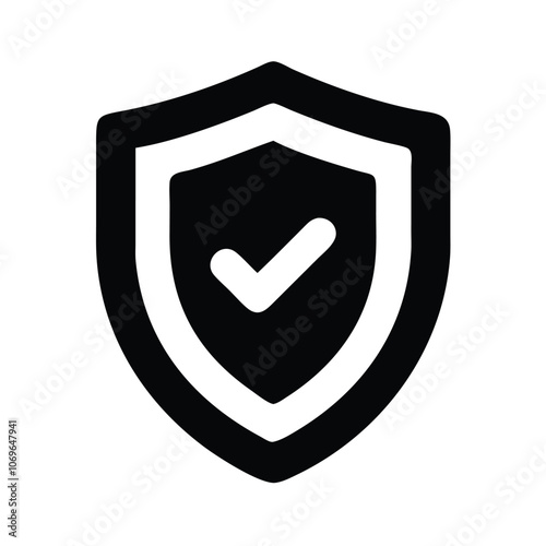 Black Shield Icon with Check Mark Symbol, Solid black shield icon featuring a check mark, representing security, protection, verified trust, and safety assurance.