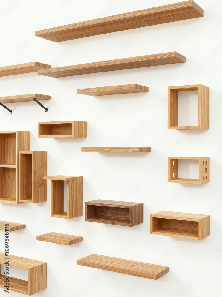 Variety of wooden shelves in different sizes and designs displayed on a white background, shelves, showroom Variety of wooden shelves in different sizes and designs displayed on a white background, shelves, showroom