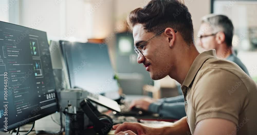 Man, office and happy with coding on computer for programing and system update as software engineer. Male person, employee and smile or pride with innovation project, data development and website