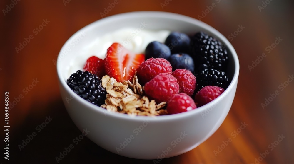A inviting bowl brimming with creamy yogurt topped with vibrant raspberries, blackberries, and crunchy granola, perfect for a nutritious breakfast at a charming café.