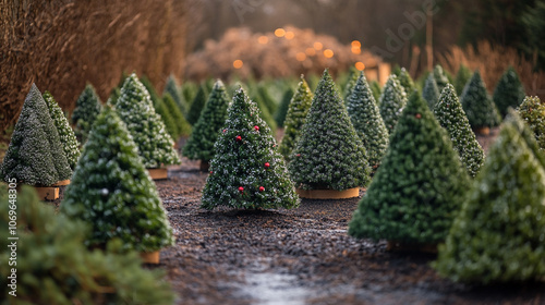 Christmas tree lot with decorated trees nestled among perfectly trimmed evergreens at dusk photo