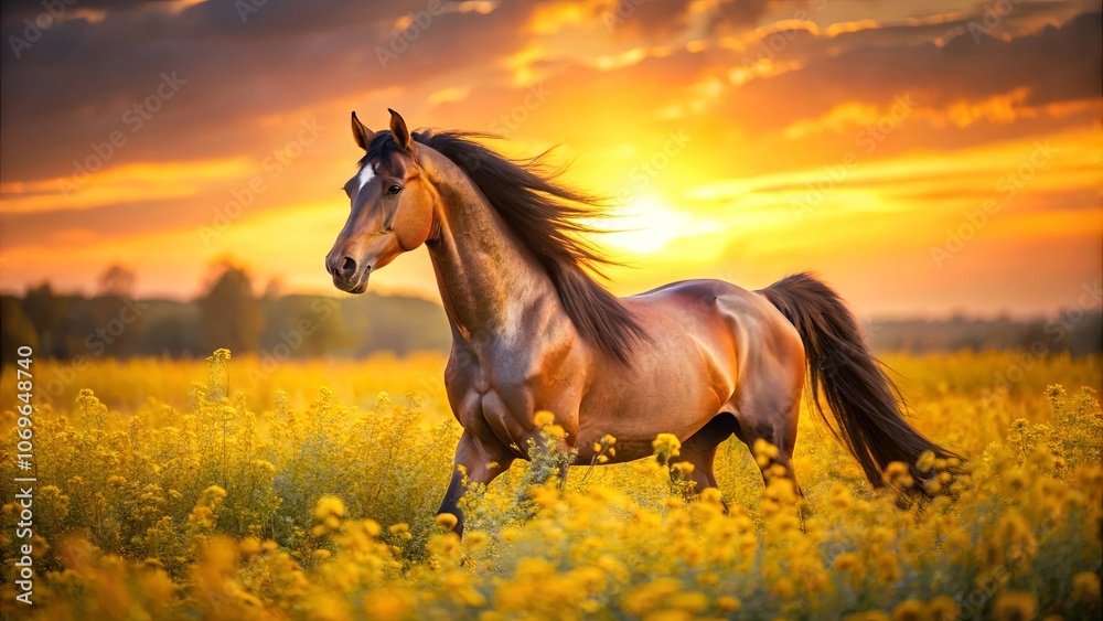 A Majestic Chestnut Horse Runs Through a Field of Golden Flowers, Silhouetted by a Dramatic Sunset Sky A Majestic Chestnut Horse Runs Through a Field of Golden Flowers, Silhouetted by a Dramatic Sunset Sky