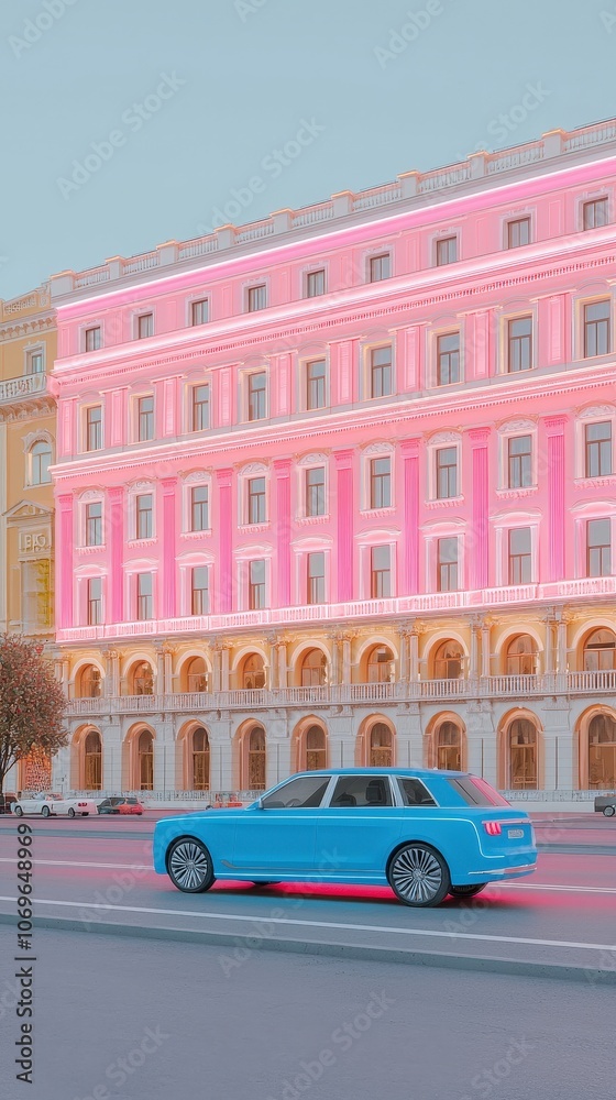 Obraz premium Blue Car Driving Past a Pink Illuminated Building in the City
