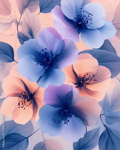 A seamless pattern of blue, white, and pink flowers in the sky with a spring and summer feel, featuring orchids, petals, and a decorative floral design photo