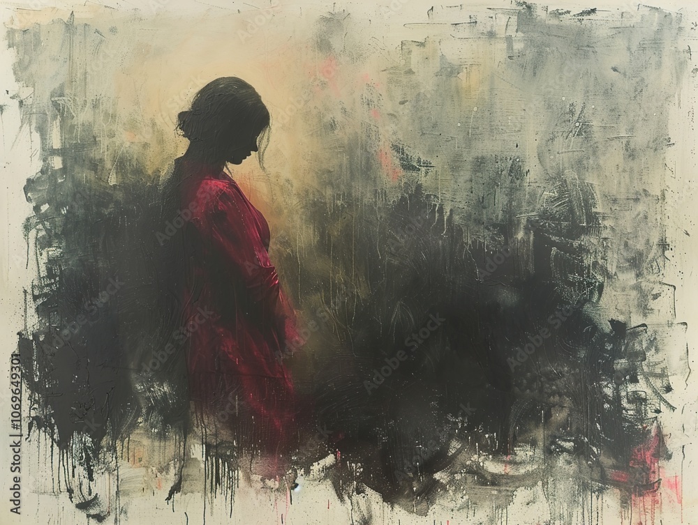 Obraz premium Silhouette of a Woman in Red: A Contemplative Abstract Portrait