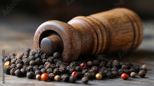 Side profile of a pepper mill filled with peppercorns, grinding black pepper isolated on white.