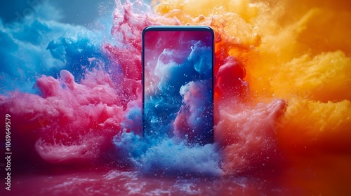 smartphone in colorful waves and splashes of liquid