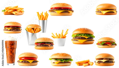 collage of  fast food products highlighted by white, png photo