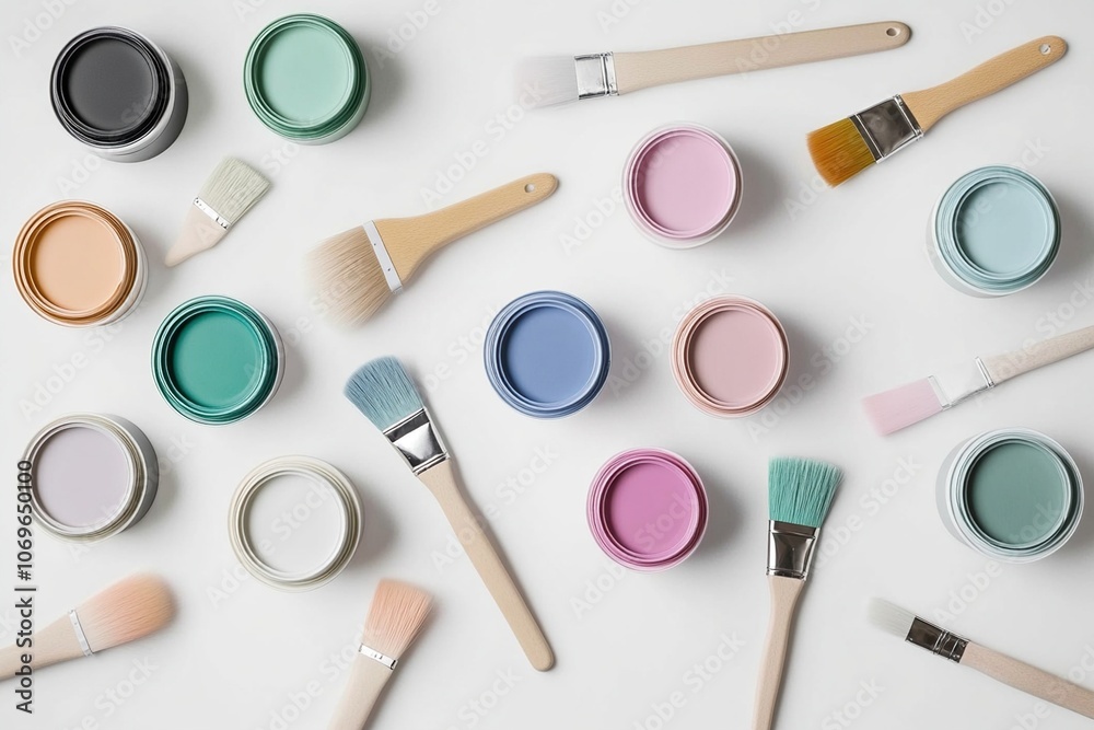 A flat lay of colorful paint pots and brushes on a white background. A flat lay of colorful paint pots and brushes on a white background.