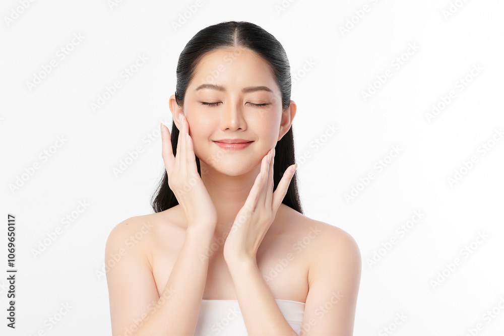 Asian woman with a beautiful face and clean fresh smooth skin, female model with natural makeup and close her eyes on white background. Asian woman with a beautiful face and clean fresh smooth skin, female model with natural makeup and close her eyes on white background.