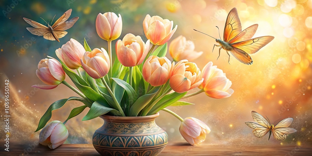 A Delicate Bouquet of Pastel Tulips Nestled in a Hand-Painted Vase, Adorned with Graceful Butterflies in Flight, Bathed in Warm, Golden Light A Delicate Bouquet of Pastel Tulips Nestled in a Hand-Painted Vase, Adorned with Graceful Butterflies in Flight, Bathed in Warm, Golden Light