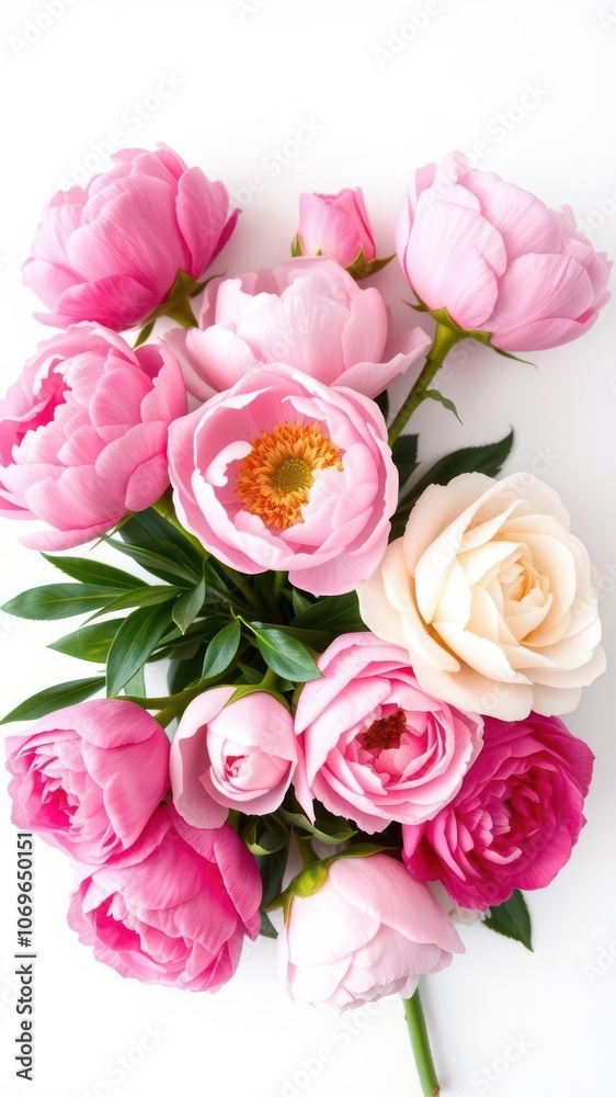 Fototapeta premium Fresh bunch of pink peonies and roses with copy space on white background, romantic, fresh