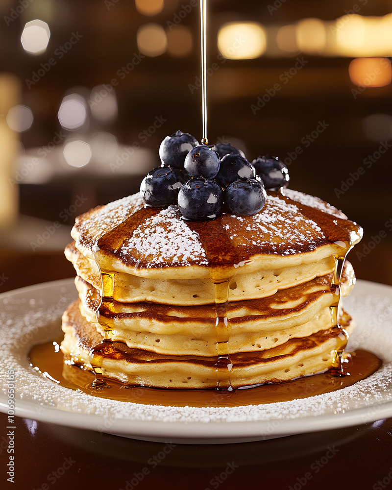 Stack of Golden-Brown Pancakes with Syrup Drip, Blueberries, and Powdered Sugar on White Plate in Warm Kitchen Setting
Stack of Golden-Brown Pancakes with Syrup Drip, Blueberries, and Powdered Sugar on White Plate in Warm Kitchen Setting