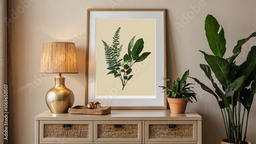 Elegant stylish living room interior design with faux poster frames, beige sideboard, plants and vintage personal accessories. Copy space. Template