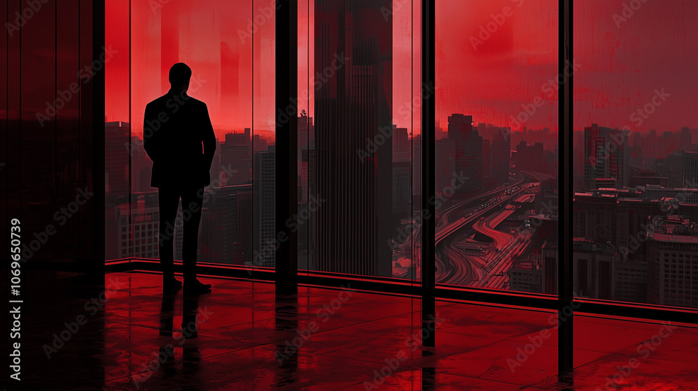 Silhouette of a businessman standing in front of large windows overlooking a city skyline bathed in dramatic red light Silhouette of a businessman standing in front of large windows overlooking a city skyline bathed in dramatic red light