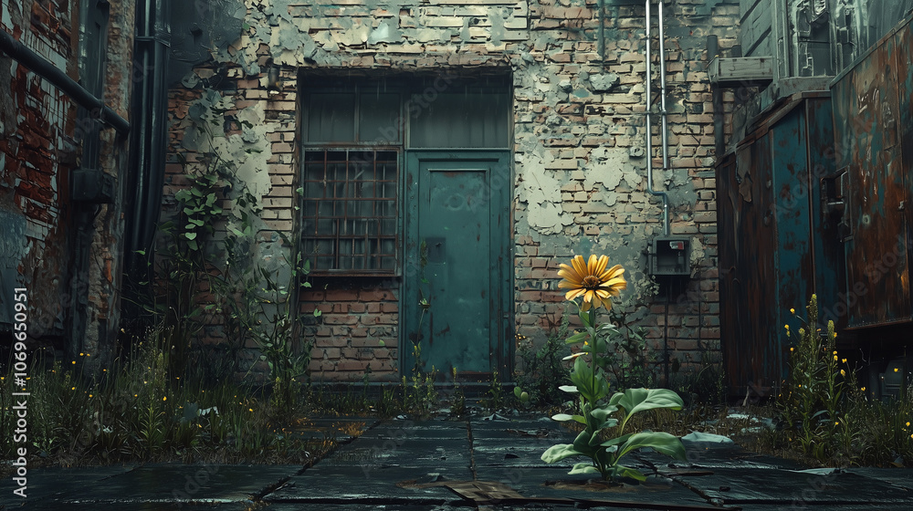 A lone yellow flower blooms resiliently in an overgrown, abandoned urban alley A lone yellow flower blooms resiliently in an overgrown, abandoned urban alley
