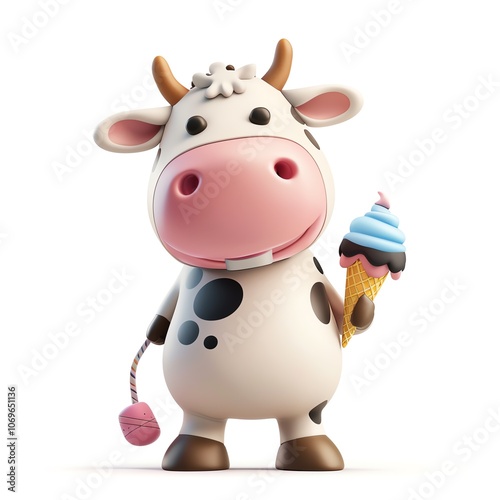 Playful 3D cow with ice cream illustration, white background, colorful design, animated style, cute features, standing position, detailed