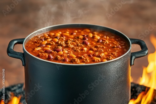 Hot chili cooking in a black pot