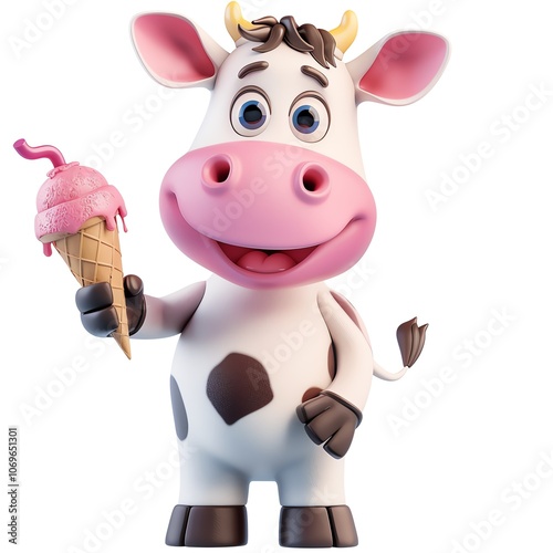 Sweet 3D cow clipart holding ice cream, isolated on white, vibrant hues, detailed fur texture, happy face, digital drawing, centered view