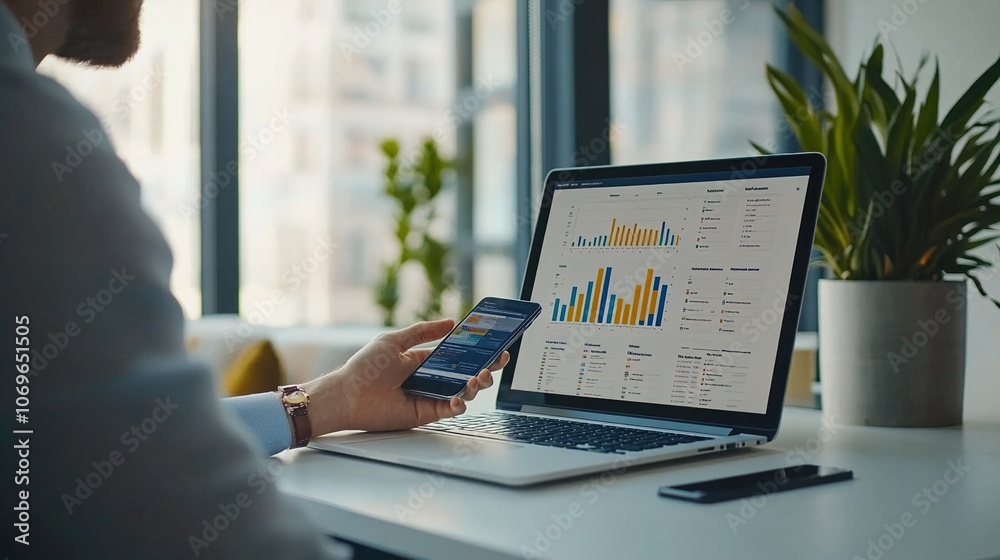 Businessman Analyzing Data on Laptop and Smartphone Businessman Analyzing Data on Laptop and Smartphone