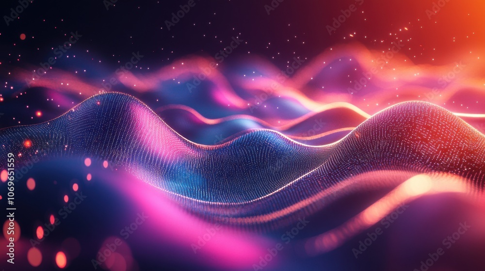 Fototapeta premium 3d digital background. Futuristic wave with glowing particles.
