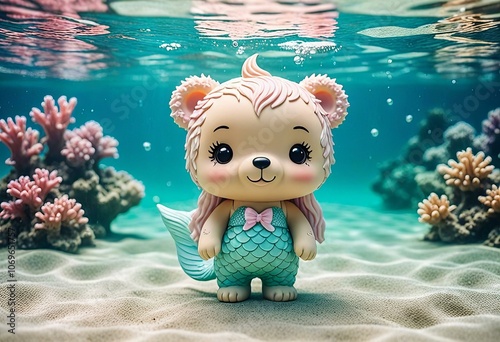 Stunning Adorable chibi mermaid bear in minimalist style, underwater world background.