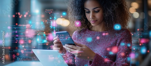 Woman Using Smartphone with Digital Interface