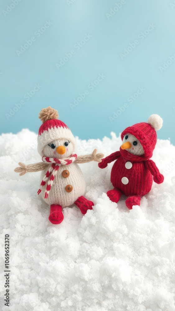 Little knitted snowmen sitting on fluffy snow against a blue background, decoration Little knitted snowmen sitting on fluffy snow against a blue background, decoration