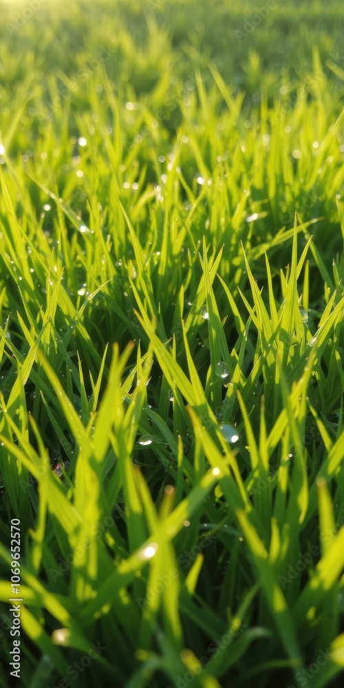 Lush green grass field with dew drops in the morning sunlight, summer, foliage