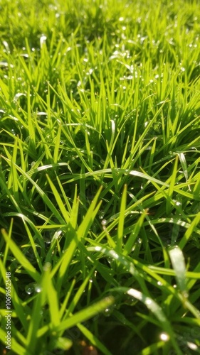 Lush green grass field with dew drops in the morning sunlight, background