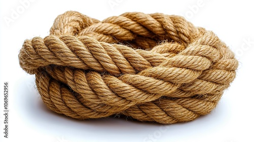 Tangled jute rope, isolated on a white background, highlighting its texture.