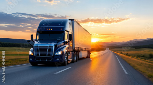 Wallpaper Mural delivery truck drives on highway at sunset, creating scenic view Torontodigital.ca