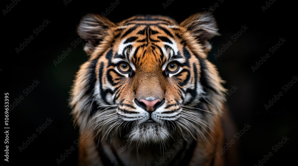 Close up Portrait of a Tiger with Intense Gaze Black Background Close up Portrait of a Tiger with Intense Gaze Black Background