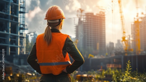 Woman quantity surveyor standing with her back and watches at a material takeoff site. Wearing a helmet and orange safety vest, exquisite detail, realistic photography, hyper realistic-realistic