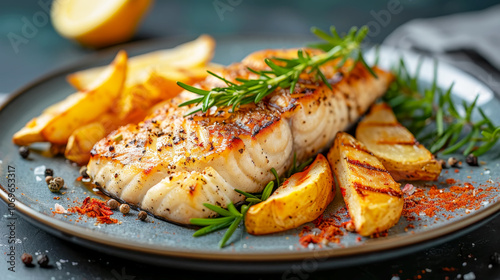 Grilled fish fillet garnished with rosemary and served with potatoes and lemon on a gray plate