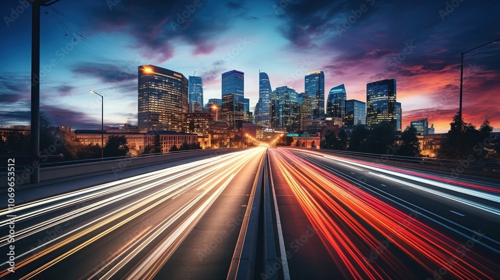 Fototapeta premium Cityscape at Twilight with Light Trails