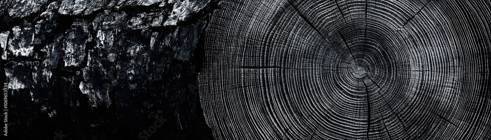 Naklejka premium Close-up of a charred tree trunk revealing intricate growth rings.