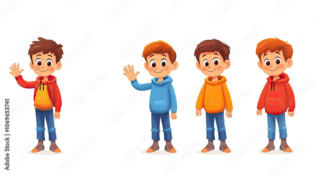 Colorful Cartoon Boys Waving in Hoodies on White Background Generative AI Colorful Cartoon Boys Waving in Hoodies on White Background Generative AI