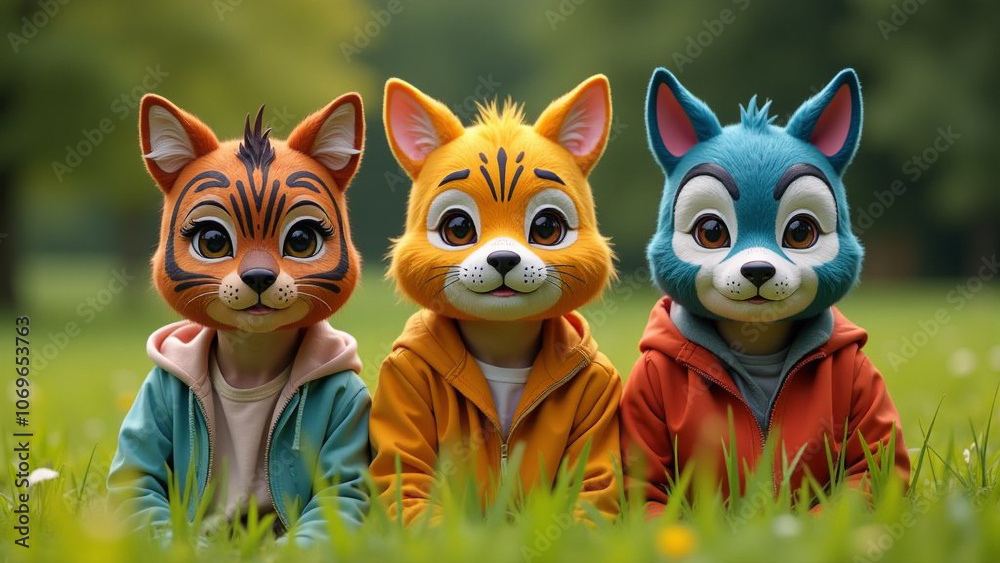 Kids wearing an animal masks crawling on the grass in public park. Quadrober youth subculture concept.