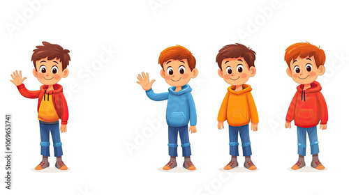 Colorful Cartoon Boys Waving in Hoodies on White Background Generative AI