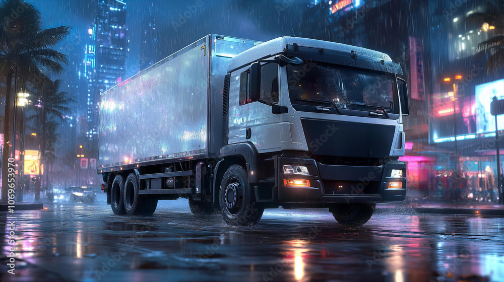 delivery truck navigates rainy city street at night delivery truck navigates rainy city street at night