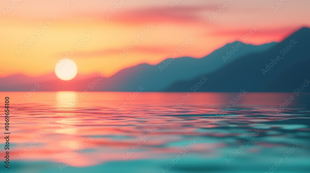 Tranquil Sunset over Water with Silhouetted Mountains Tranquil Sunset over Water with Silhouetted Mountains