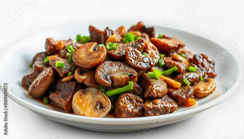 Beef Mushroom Stir Fry with ginger and garlic in a white plate highlighted by white, png