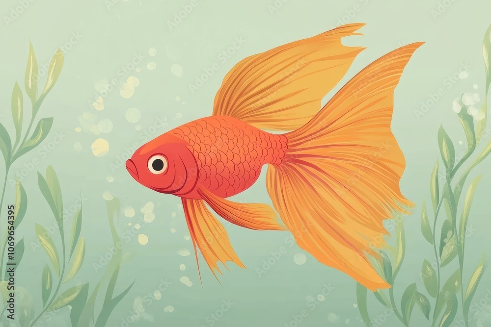 Fototapeta premium A Single Orange Fish with Long Flowing Fins Swimming Through Green Plants and Bubbles